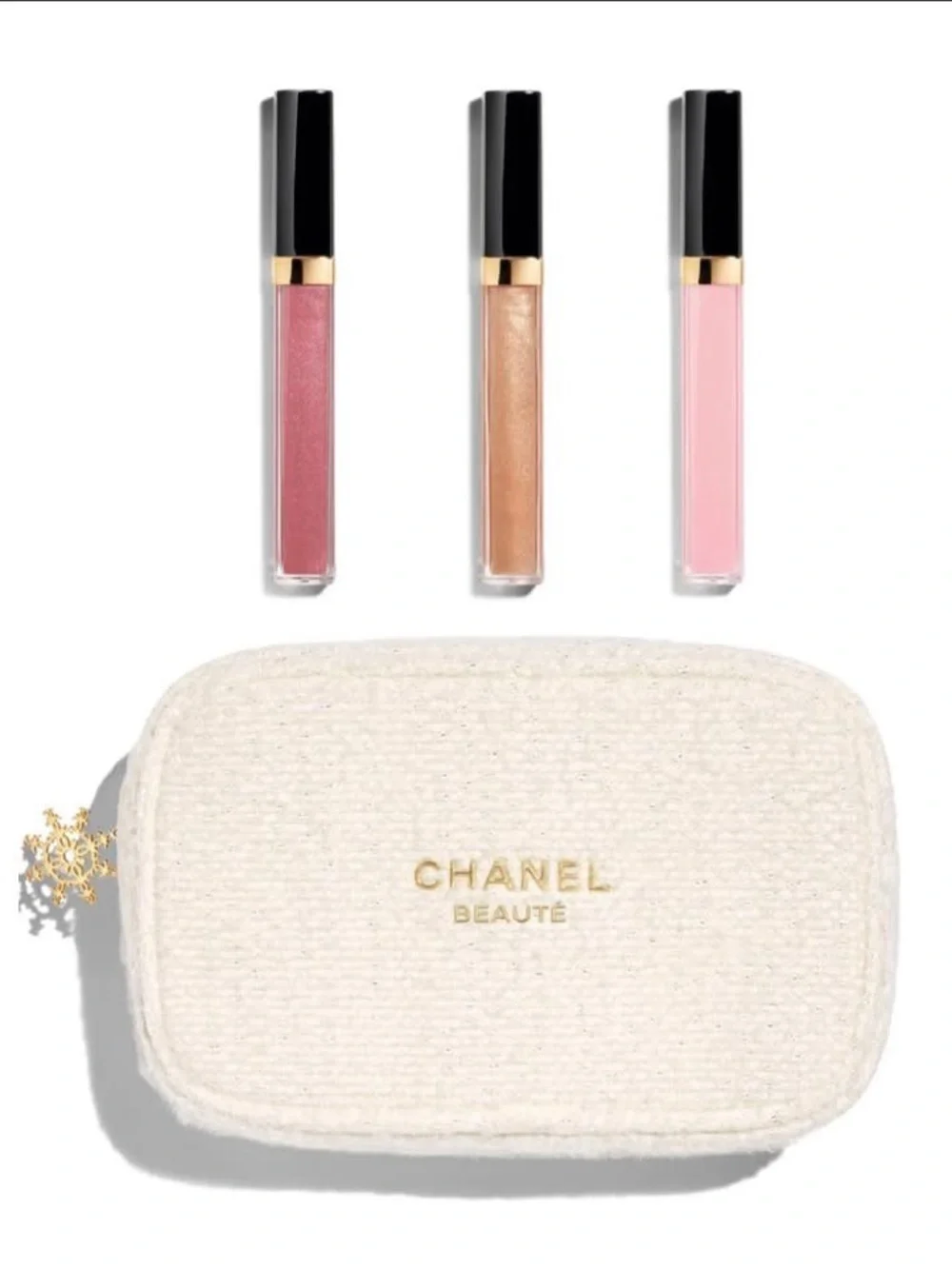 CHANEL Limited Edition Holiday Set Lip Gloss Trio with Cream/Gold Pouch